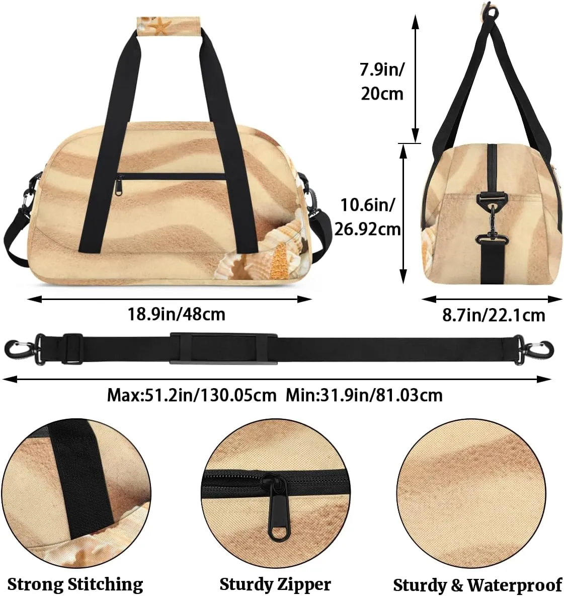 Beach Tropical Boys Girls Gym Bag Dance Perform Training Duffel Bags Weekender Carry-On Tote Luggage Bag Ideal for School Practice or Overnight Trips Seashells Beach