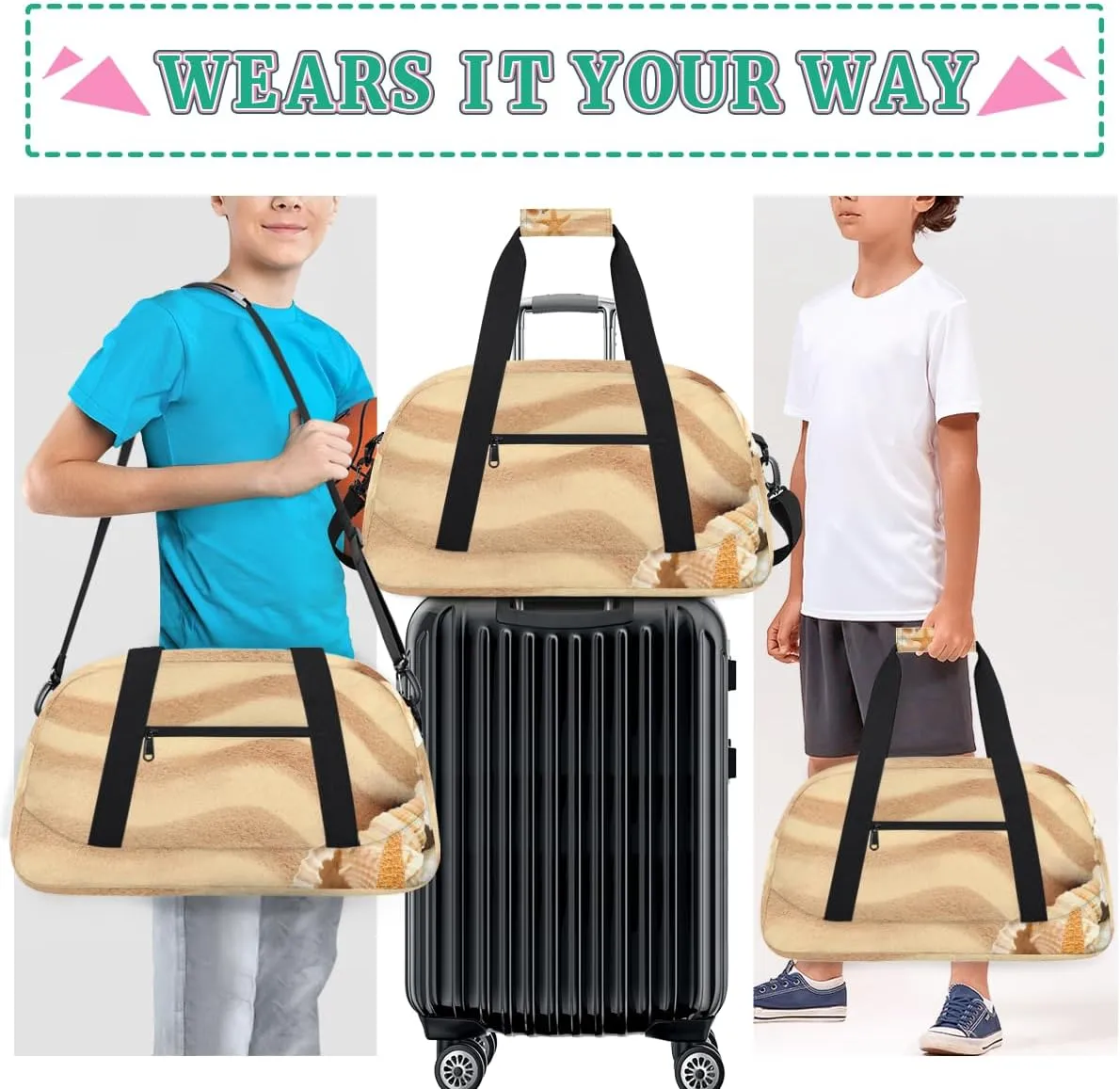 Beach Tropical Boys Girls Gym Bag Dance Perform Training Duffel Bags Weekender Carry-On Tote Luggage Bag Ideal for School Practice or Overnight Trips Seashells Beach