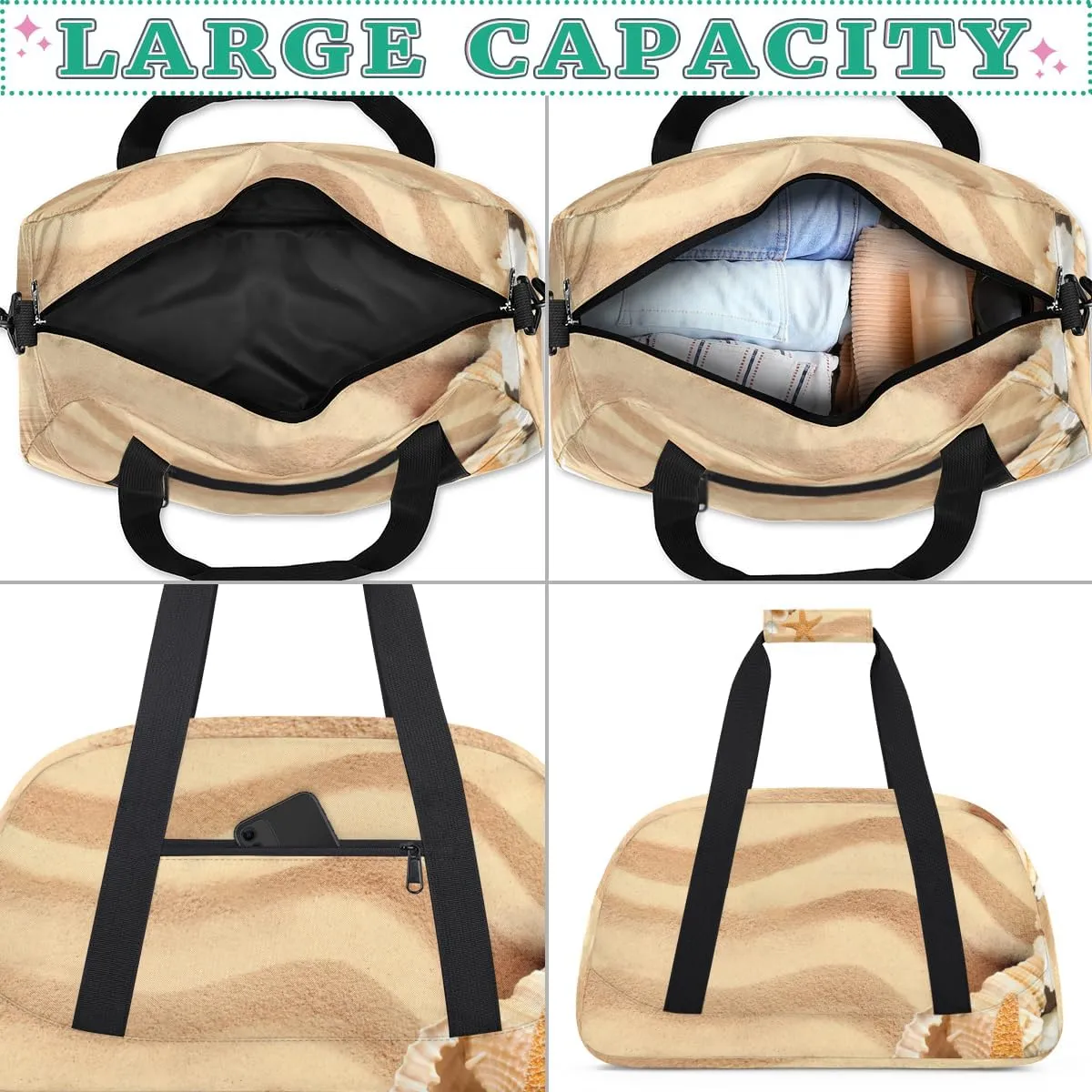 Beach Tropical Boys Girls Gym Bag Dance Perform Training Duffel Bags Weekender Carry-On Tote Luggage Bag Ideal for School Practice or Overnight Trips Seashells Beach