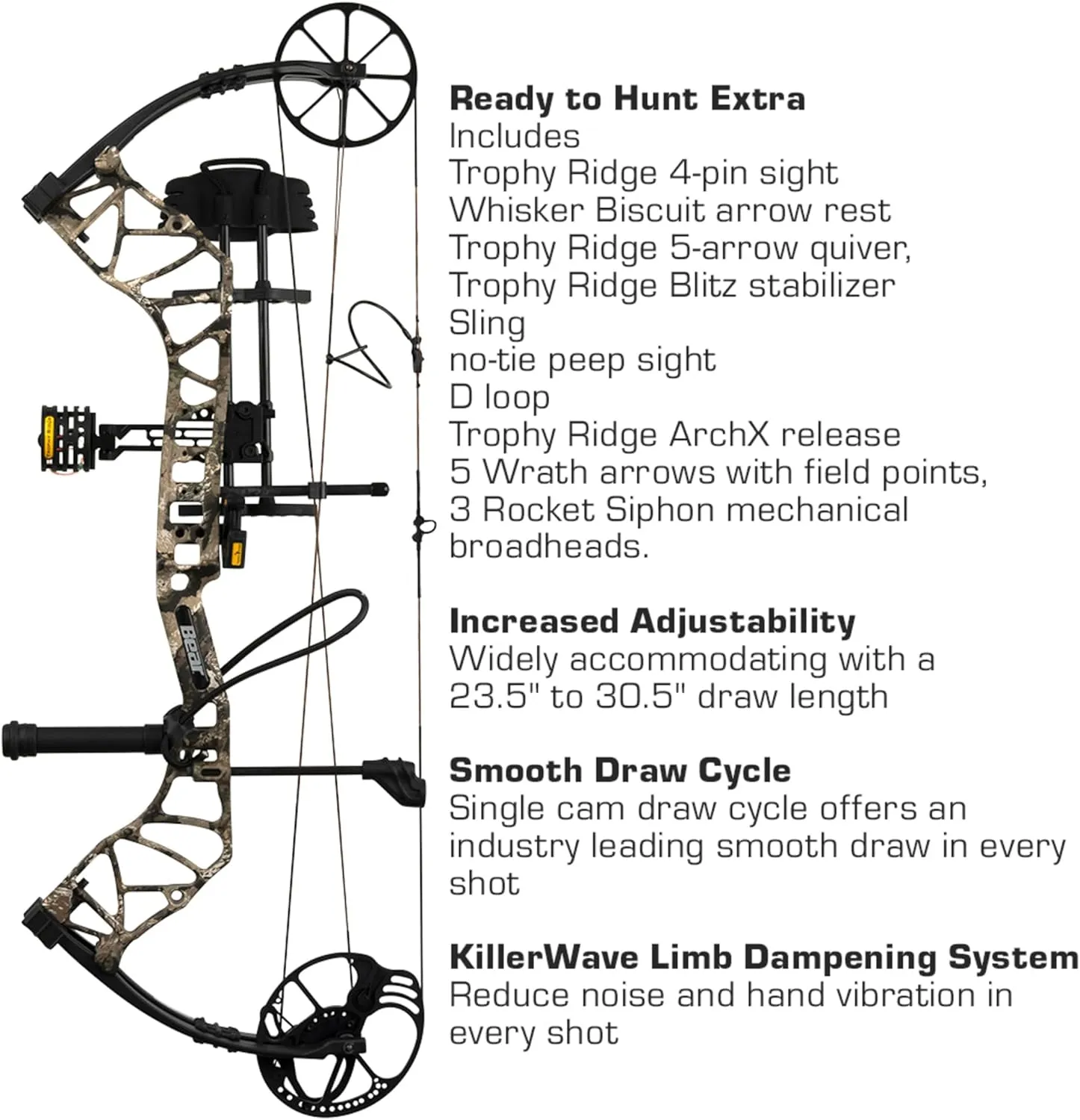 Bear Archery Species EV Ready to Hunt Extra Adult Compound Bow Package, 23.5”- 30.5” Draw Length, 55-70 and 45-60 Lbs Draw Weight, Up to 320 FPS, Made in USA, Limited Life-Time Warranty