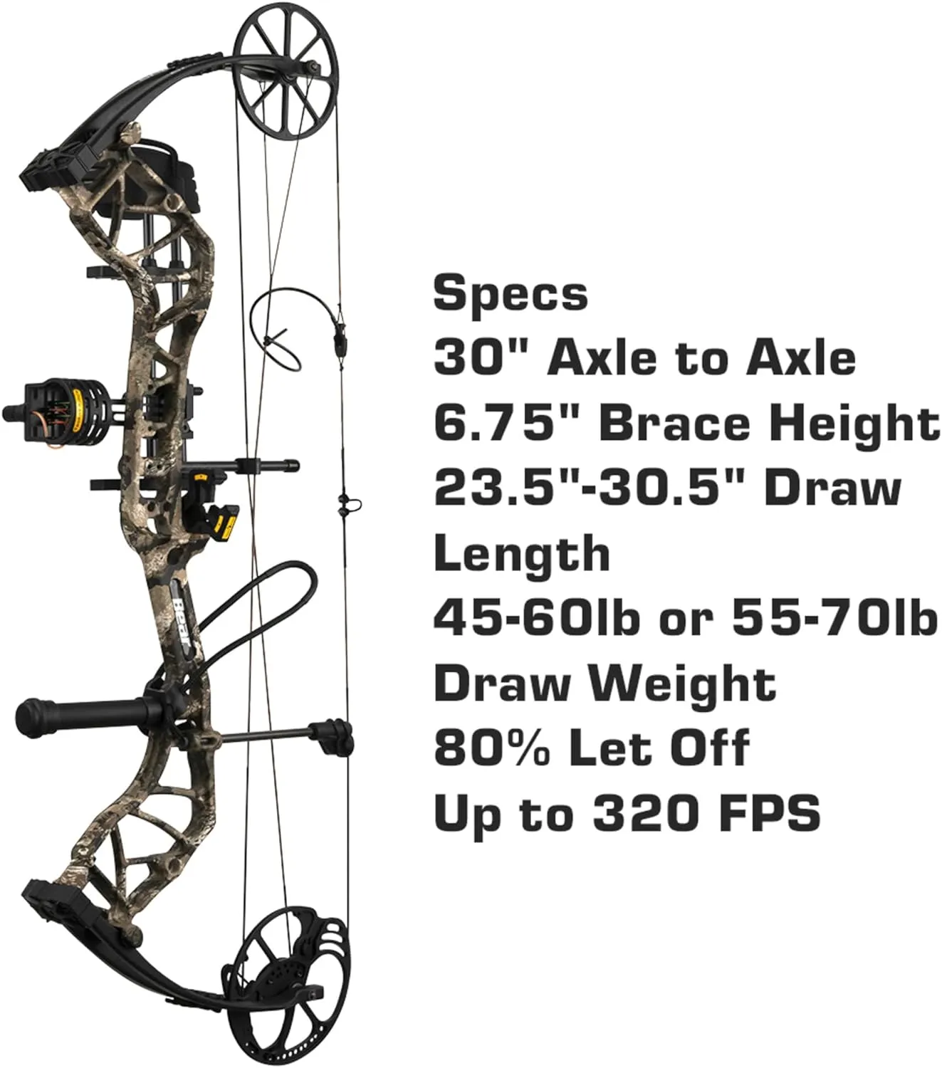Bear Archery Species EV Ready to Hunt Extra Adult Compound Bow Package, 23.5”- 30.5” Draw Length, 55-70 and 45-60 Lbs Draw Weight, Up to 320 FPS, Made in USA, Limited Life-Time Warranty