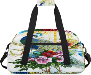 Beautiful Peacocks Gym Duffel Bag for Men Women Colorful Flowers Sports Tote Bag with Adjustable Shoulder Strap for Dance Gymnastics Traveling Outdoor Camping Overnight Stay