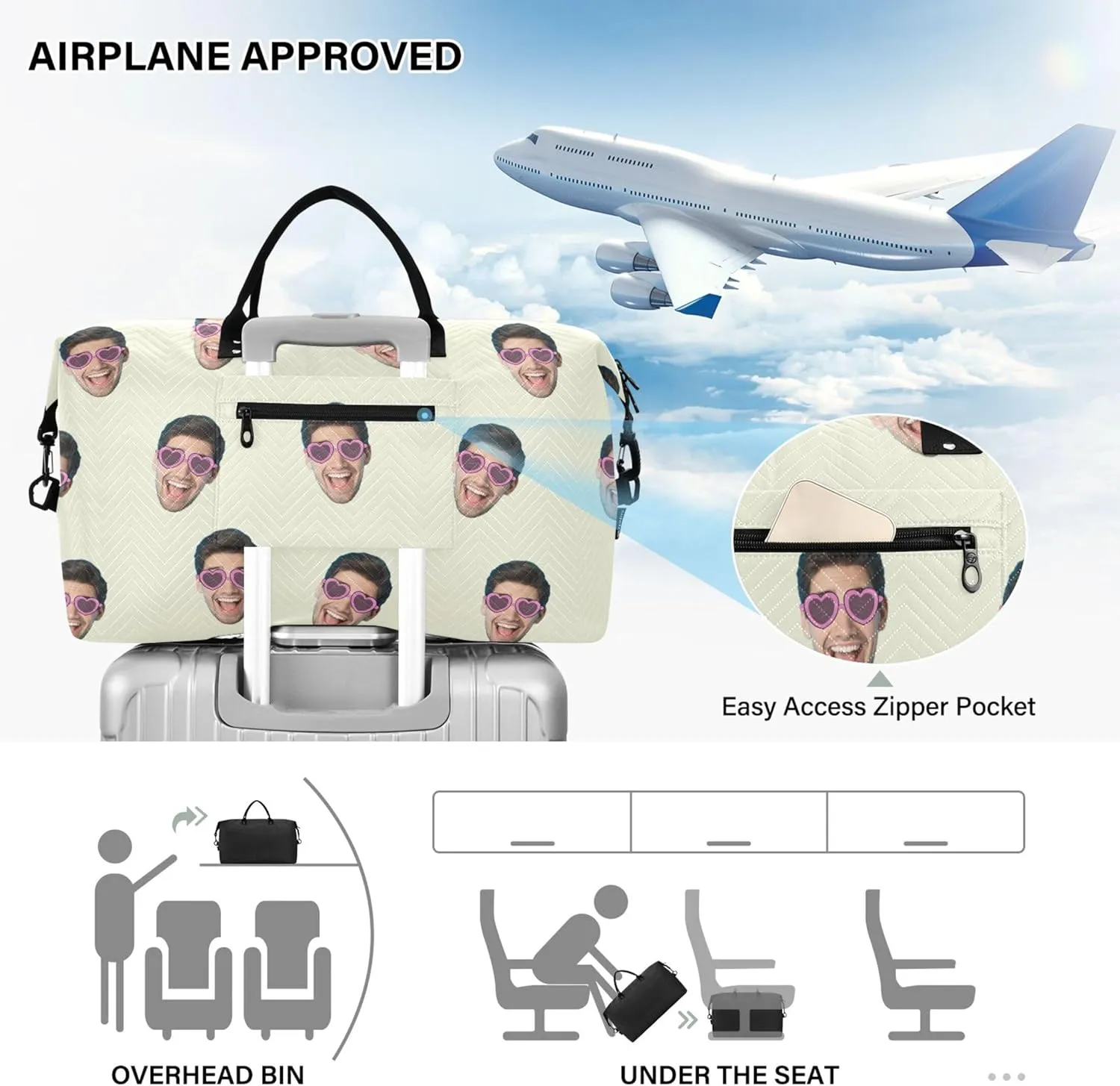 Beige Custom Photo Travel Duffel Bag with Toiletry Bag Personalized Weekender Bag for Travel Business Sports Large Gym Carry On Bag for Women & Men