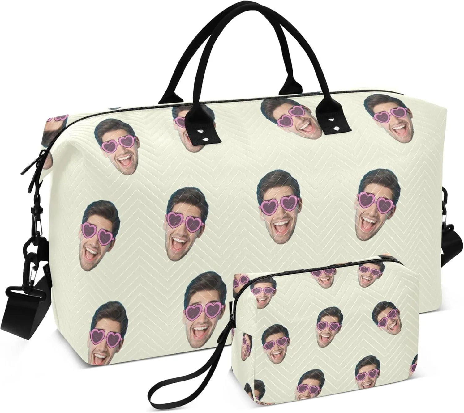 Beige Custom Photo Travel Duffel Bag with Toiletry Bag Personalized Weekender Bag for Travel Business Sports Large Gym Carry On Bag for Women & Men