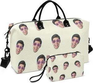 Beige Custom Photo Travel Duffel Bag with Toiletry Bag Personalized Weekender Bag for Travel Business Sports Large Gym Carry On Bag for Women & Men