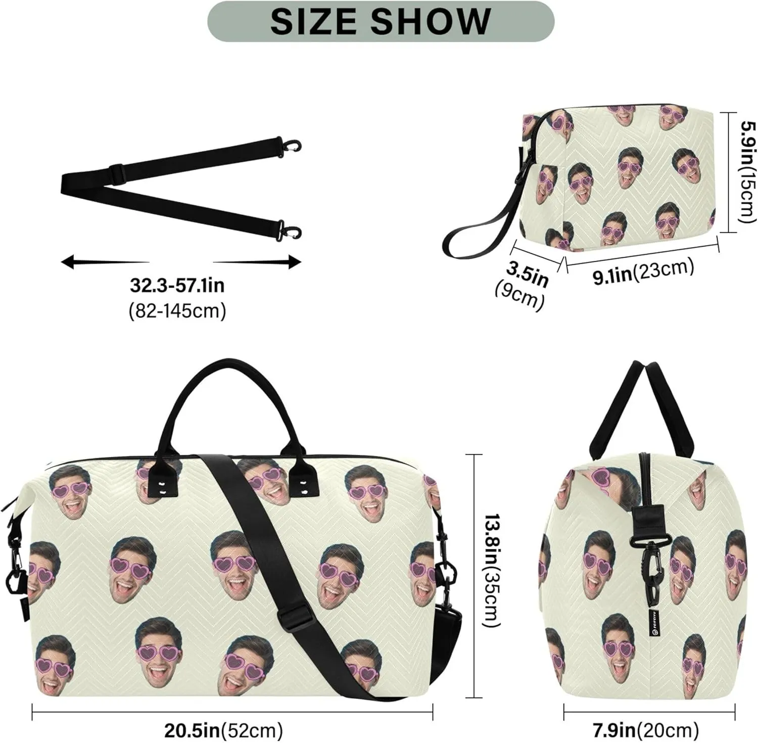 Beige Custom Photo Travel Duffel Bag with Toiletry Bag Personalized Weekender Bag for Travel Business Sports Large Gym Carry On Bag for Women & Men