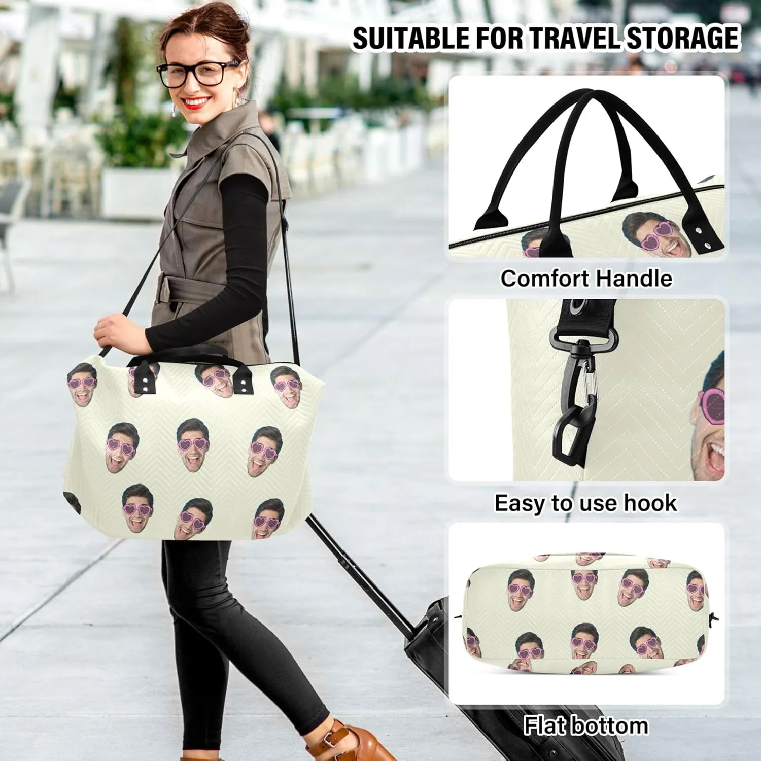 Beige Custom Photo Travel Duffel Bag with Toiletry Bag Personalized Weekender Bag for Travel Business Sports Large Gym Carry On Bag for Women & Men