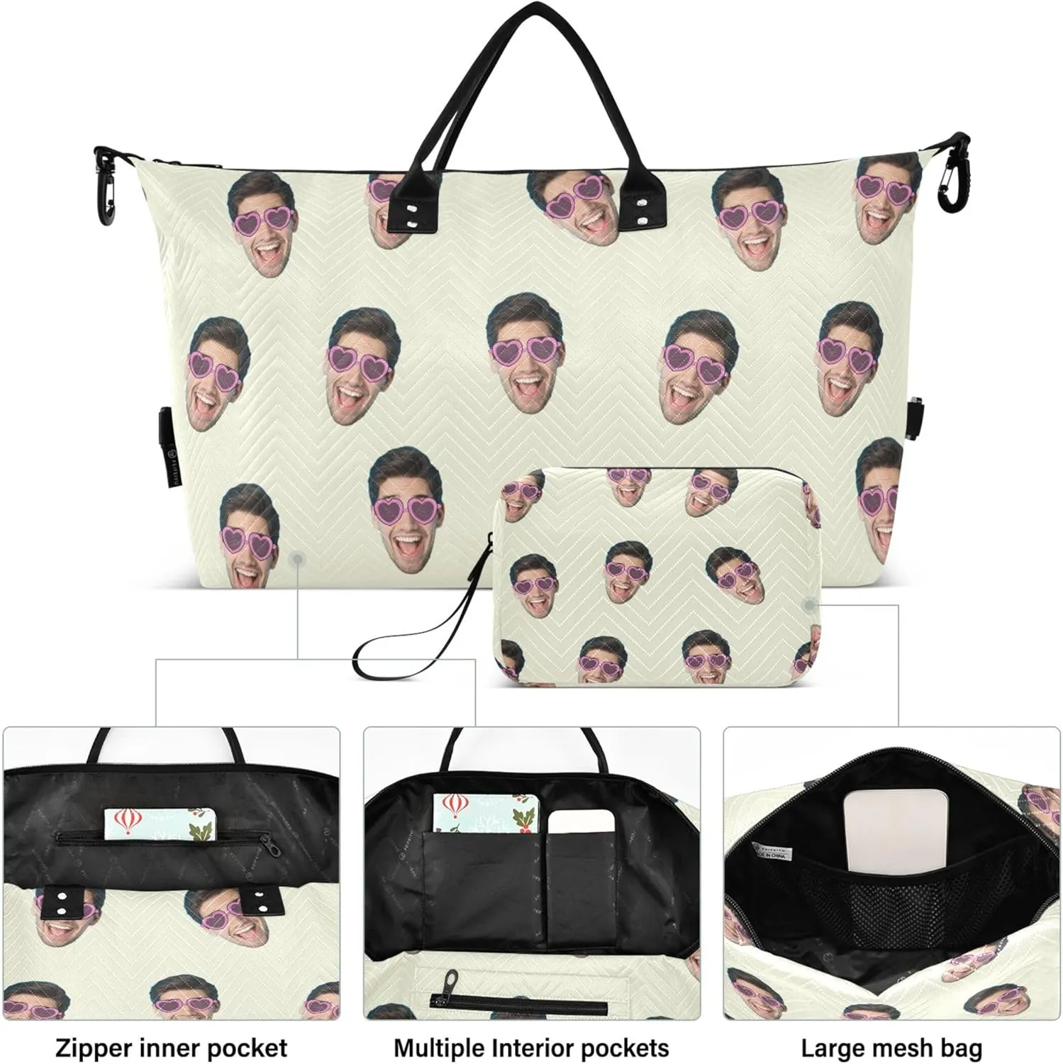 Beige Custom Photo Travel Duffel Bag with Toiletry Bag Personalized Weekender Bag for Travel Business Sports Large Gym Carry On Bag for Women & Men