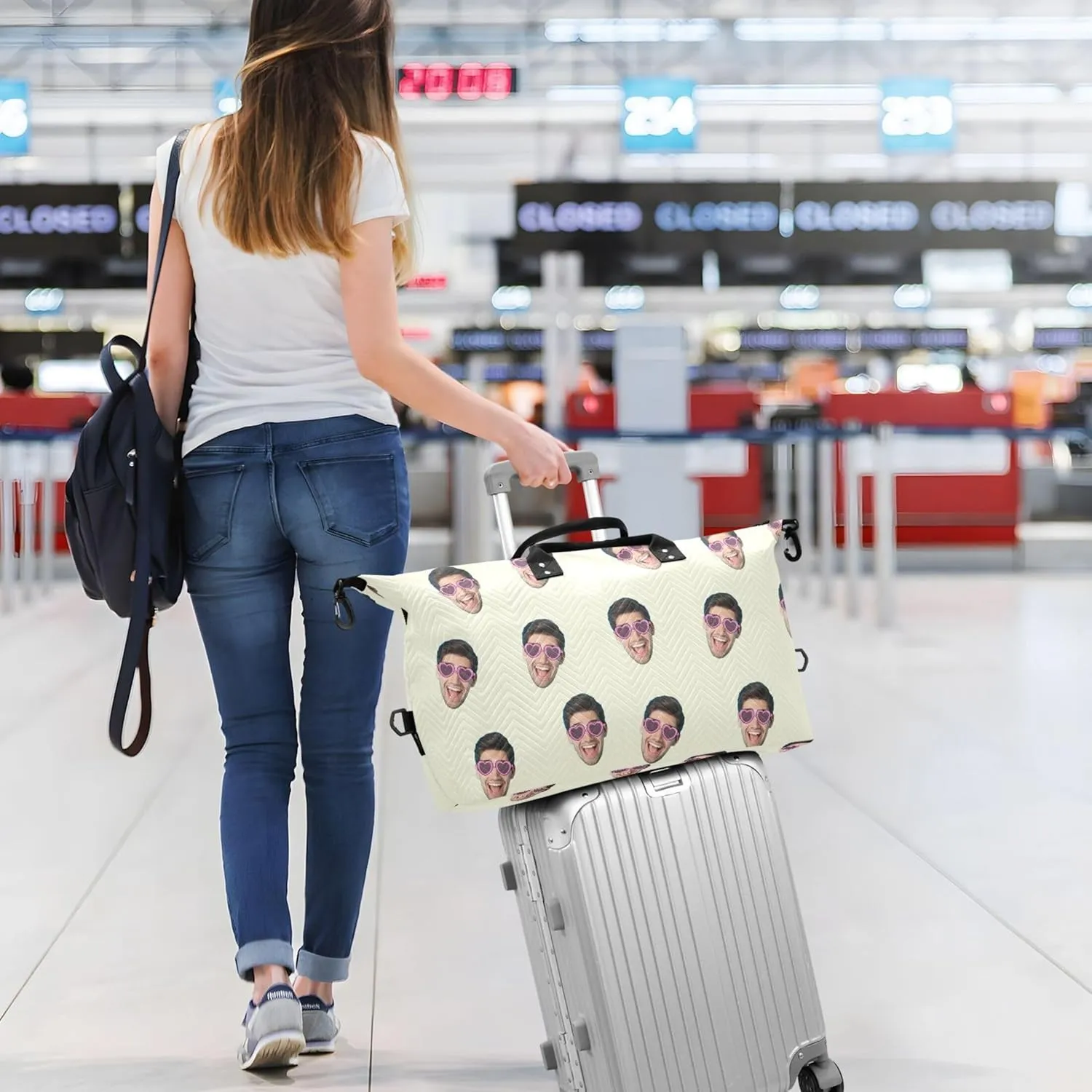 Beige Custom Photo Travel Duffel Bag with Toiletry Bag Personalized Weekender Bag for Travel Business Sports Large Gym Carry On Bag for Women & Men