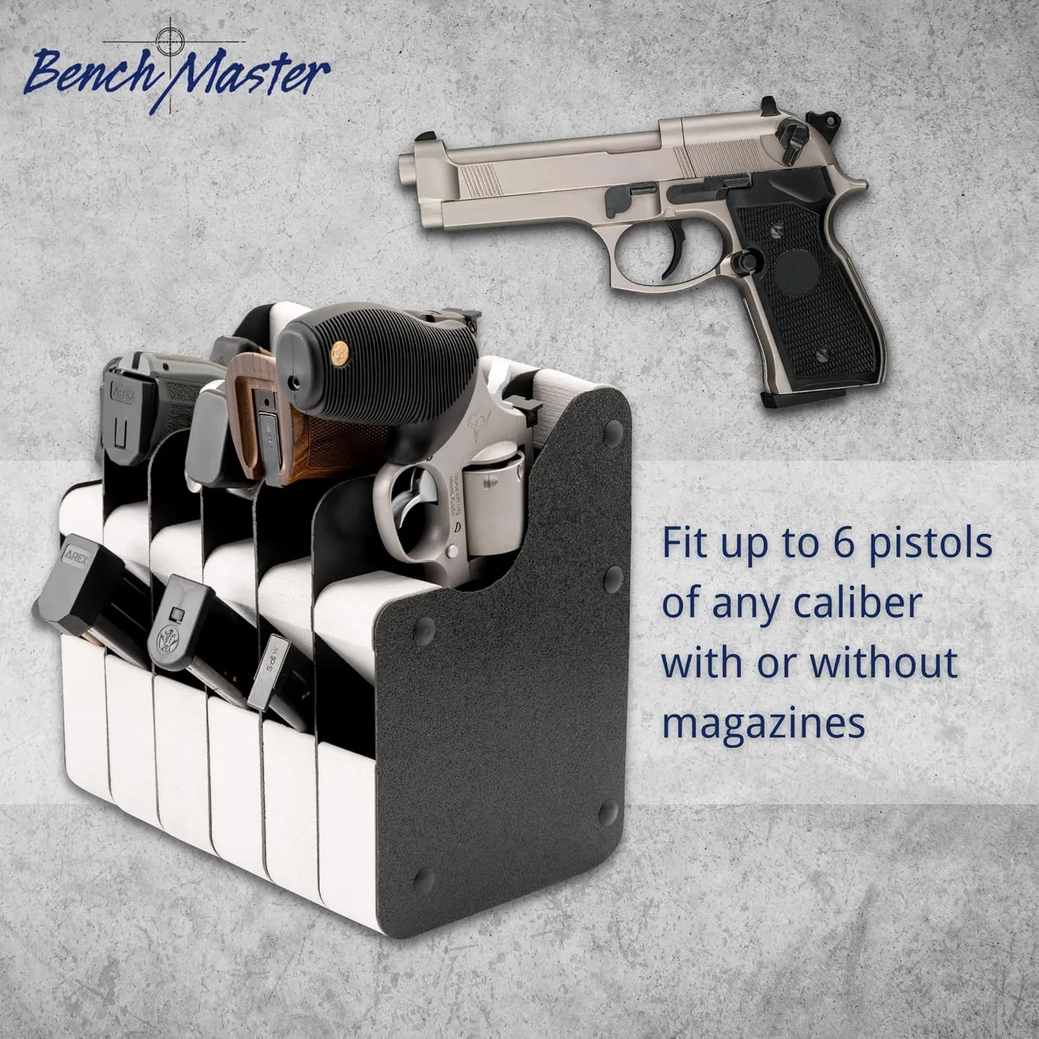 BenchMaster Vertical Pistol Rack, Handgun Safe Storage, Holds 2 to 12 Pistols, Secure Gun Holder Organizer, Kydex and High-Density Foam, No Metal, Lightweight, Sturdy, No Flex, Made in USA
