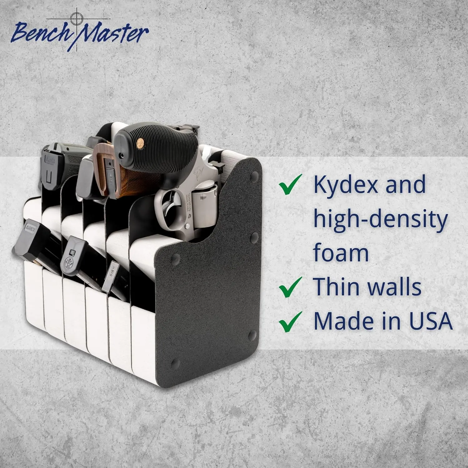 BenchMaster Vertical Pistol Rack, Handgun Safe Storage, Holds 2 to 12 Pistols, Secure Gun Holder Organizer, Kydex and High-Density Foam, No Metal, Lightweight, Sturdy, No Flex, Made in USA