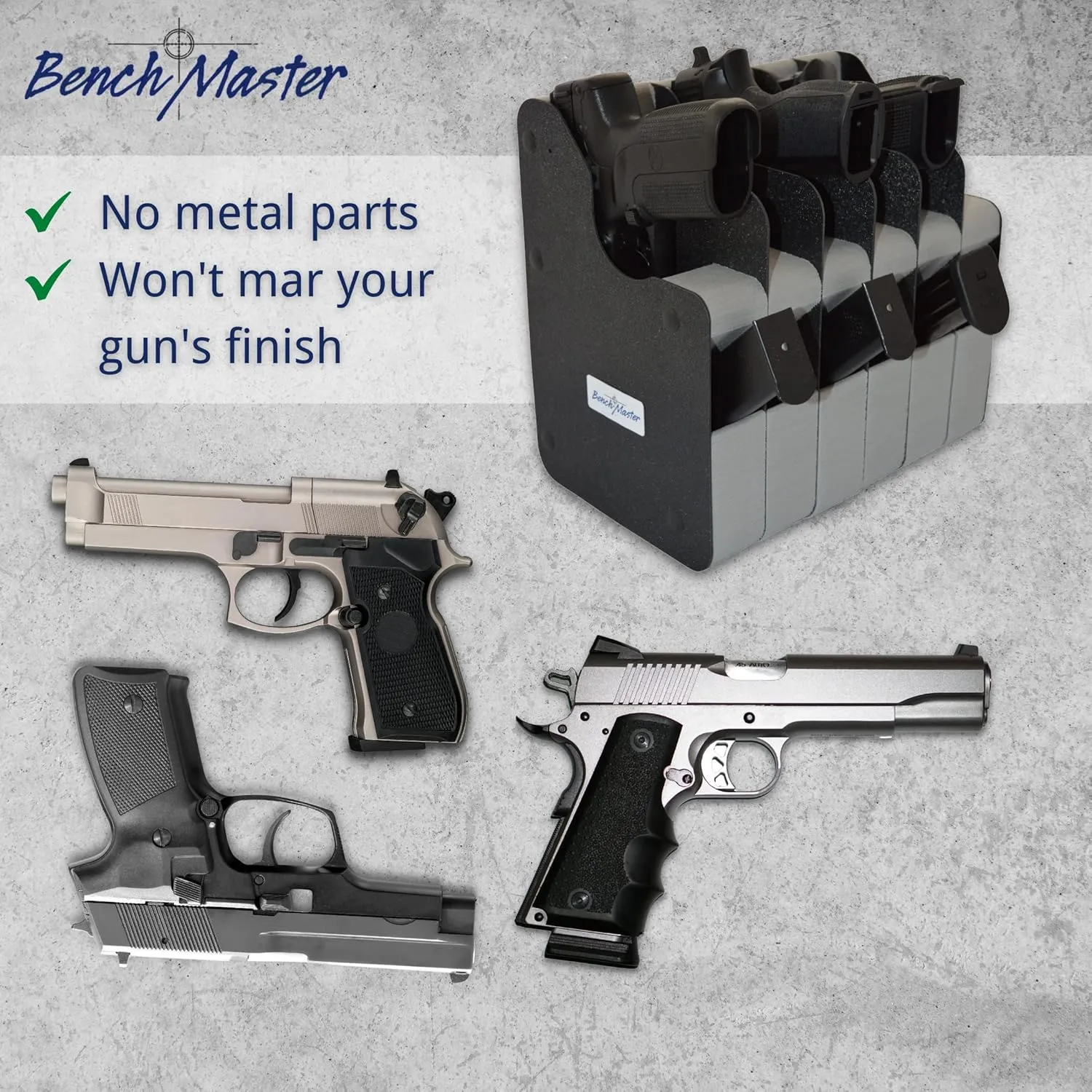 BenchMaster Vertical Pistol Rack, Handgun Safe Storage, Holds 2 to 12 Pistols, Secure Gun Holder Organizer, Kydex and High-Density Foam, No Metal, Lightweight, Sturdy, No Flex, Made in USA