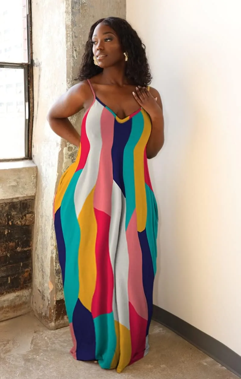 BFFBABY Womens Summer Suspender Maxi Dress Plus Size Striped Printed Sleeveless with Pockets and Belt