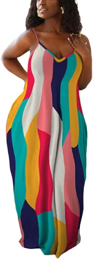 BFFBABY Womens Summer Suspender Maxi Dress Plus Size Striped Printed Sleeveless with Pockets and Belt