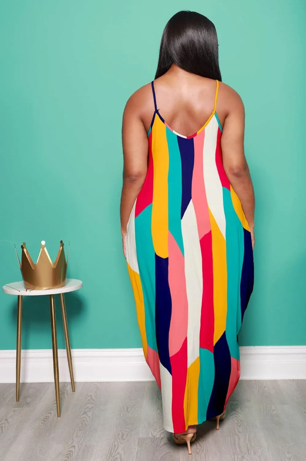 BFFBABY Womens Summer Suspender Maxi Dress Plus Size Striped Printed Sleeveless with Pockets and Belt