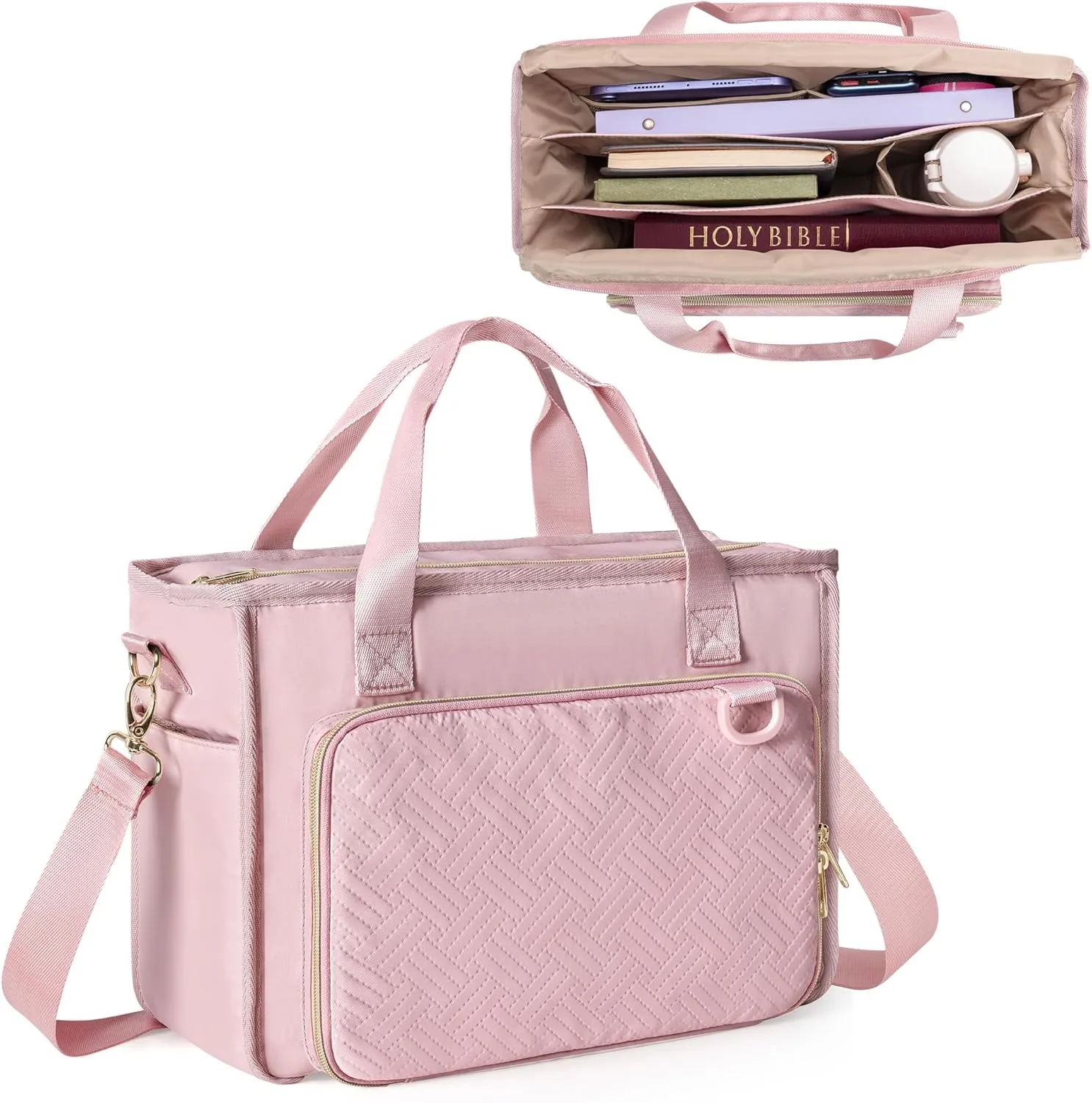 Bible Cover Bag for Women, Large Bible Tote Bag Church Carrying Case with Shoulder Strap for Bible Study, Pink(Empty Bag Only)