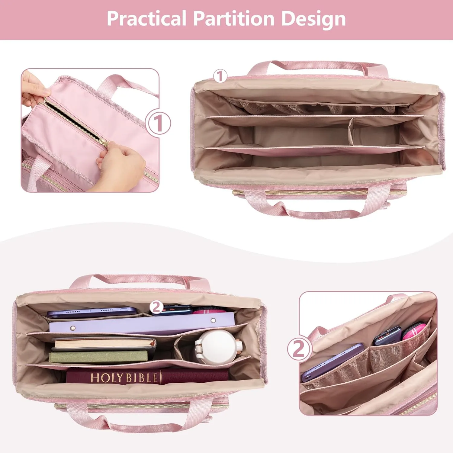 Bible Cover Bag for Women, Large Bible Tote Bag Church Carrying Case with Shoulder Strap for Bible Study, Pink(Empty Bag Only)