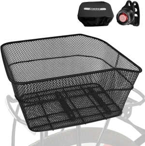 Bike Basket Rear, Rainproof Cover, Bicycle Cargo Rack Storage Basket with Waterproof Cover, Bike Rack Basket for Pet, Black