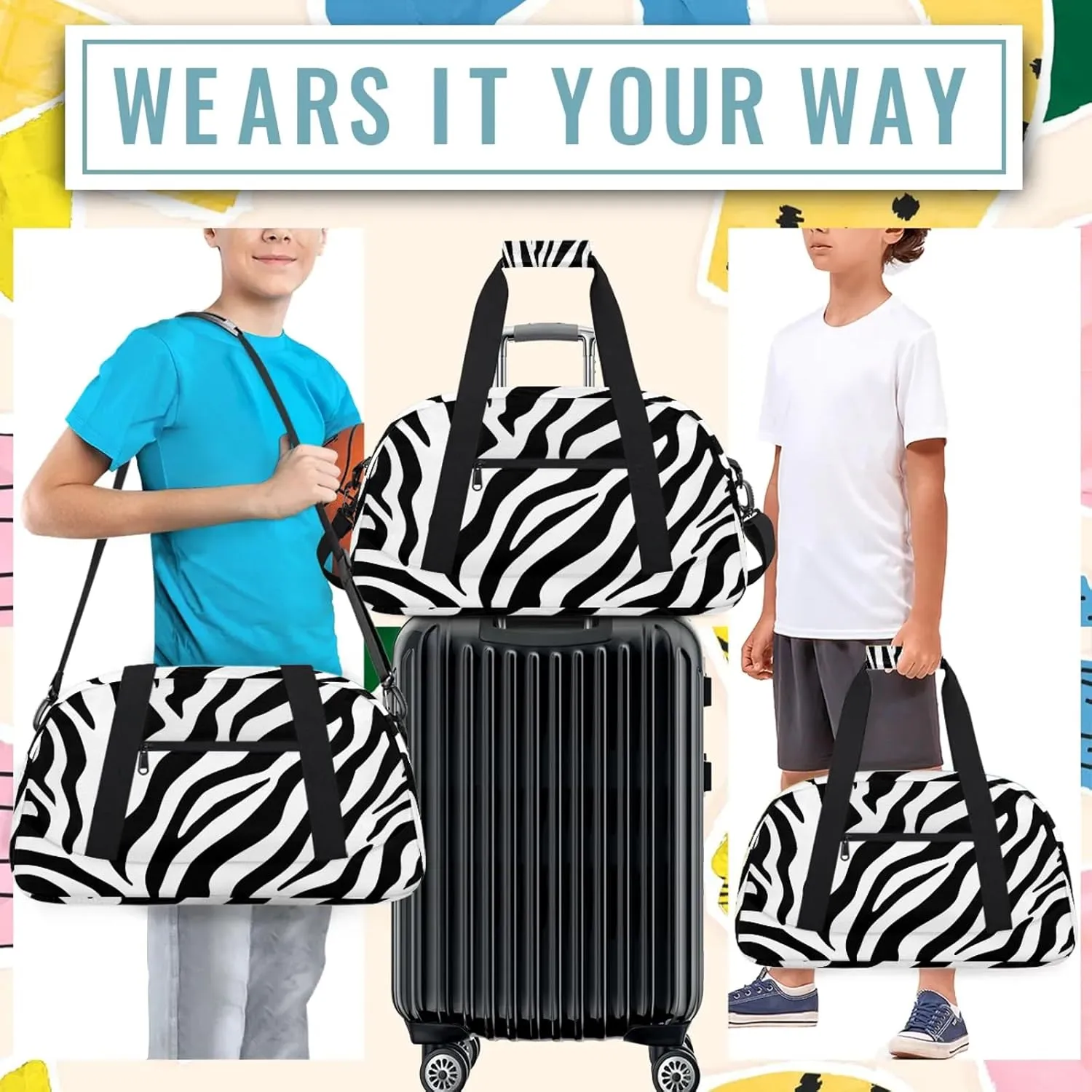 Black And White Zebra Small Gym Bag 18 inch Carry On Duffel Bag for Weekender Travel Sports Workout Yoga Gymnastics Dance Ballet