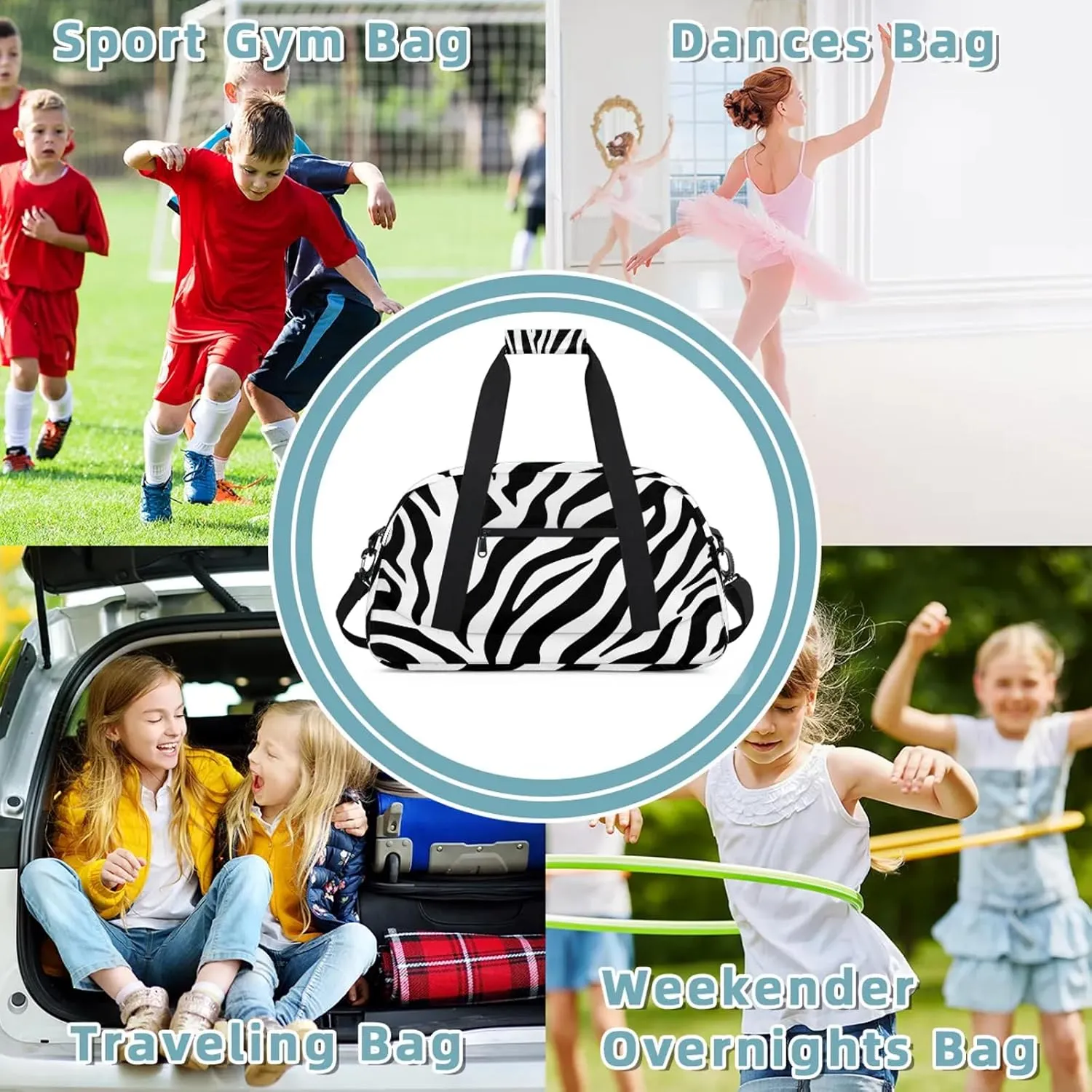 Black And White Zebra Small Gym Bag 18 inch Carry On Duffel Bag for Weekender Travel Sports Workout Yoga Gymnastics Dance Ballet