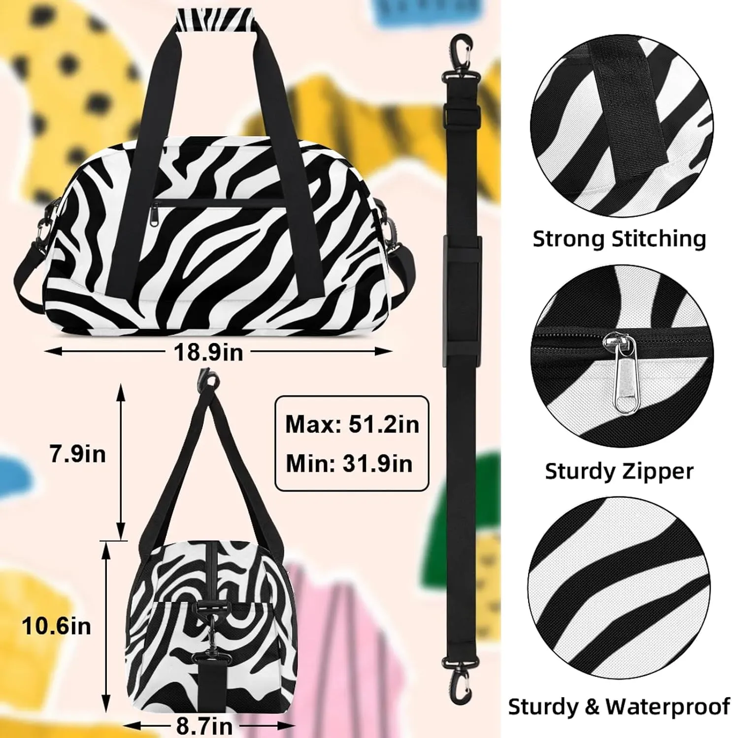 Black And White Zebra Small Gym Bag 18 inch Carry On Duffel Bag for Weekender Travel Sports Workout Yoga Gymnastics Dance Ballet