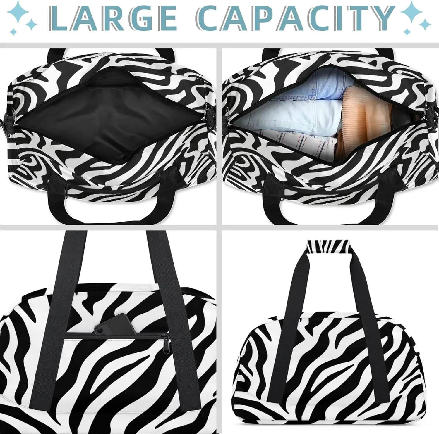 Black And White Zebra Small Gym Bag 18 inch Carry On Duffel Bag for Weekender Travel Sports Workout Yoga Gymnastics Dance Ballet