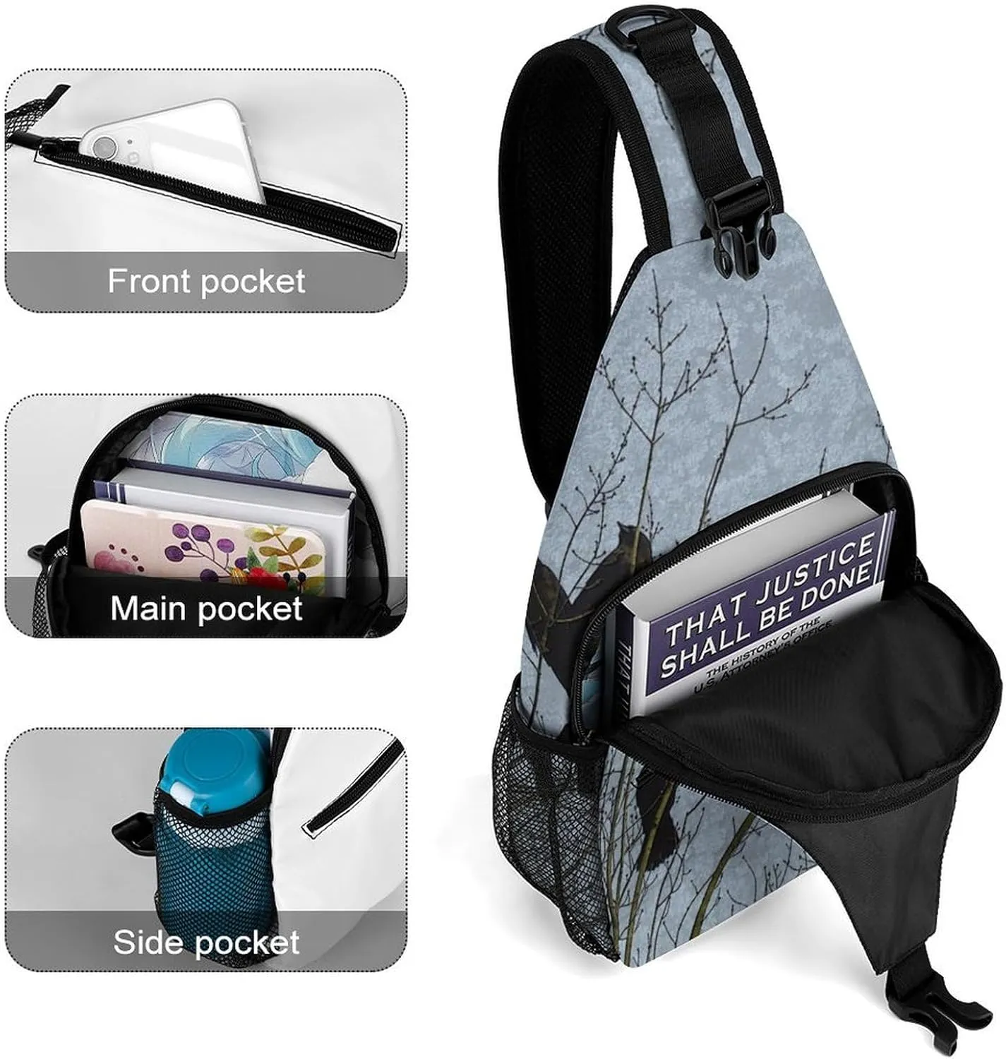 Black Crow Raven Bird Sling Anti Theft Chest Bag For Men and Women Multipurpose Lightweight Casual Mini Backpack Single Shoulder Crossbody Bags