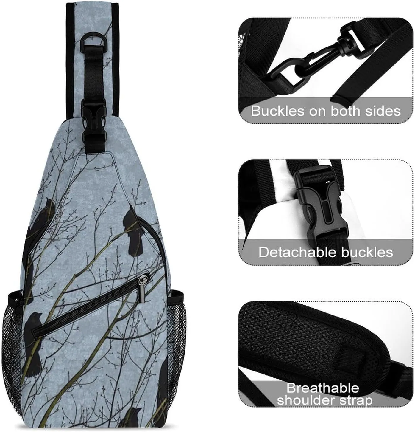 Black Crow Raven Bird Sling Anti Theft Chest Bag For Men and Women Multipurpose Lightweight Casual Mini Backpack Single Shoulder Crossbody Bags