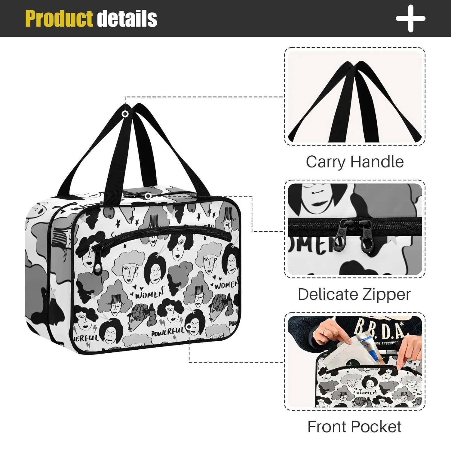Black Grey Hand Drawn Mixed Nations Woman Faces Doodle Sketch 1 PC Hanging Travel Wash bag with Handles, Portable Makeup Organizer Brush Storage Case Portable Travel Cosmetic with Hook M