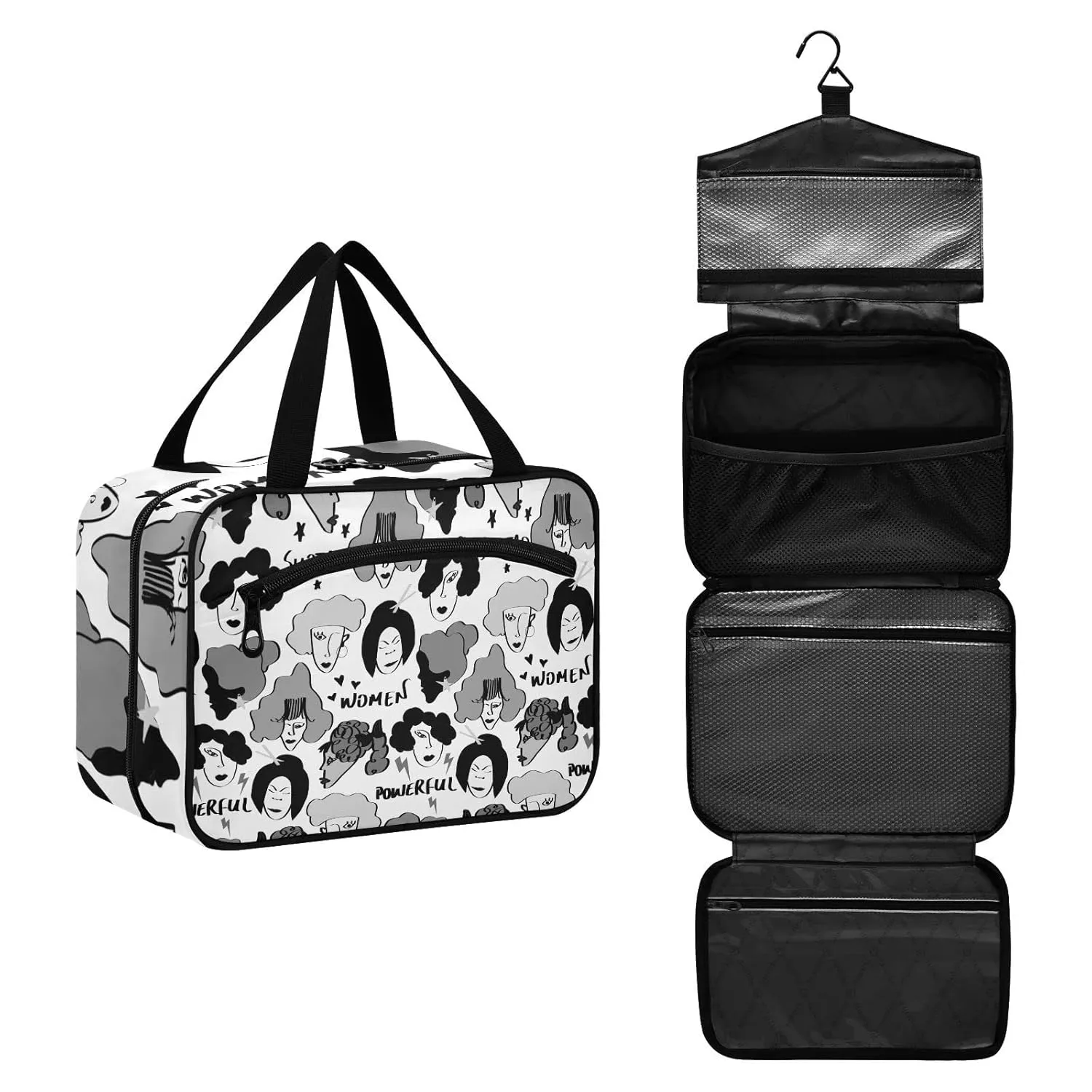 Black Grey Hand Drawn Mixed Nations Woman Faces Doodle Sketch 1 PC Hanging Travel Wash bag with Handles, Portable Makeup Organizer Brush Storage Case Portable Travel Cosmetic with Hook M