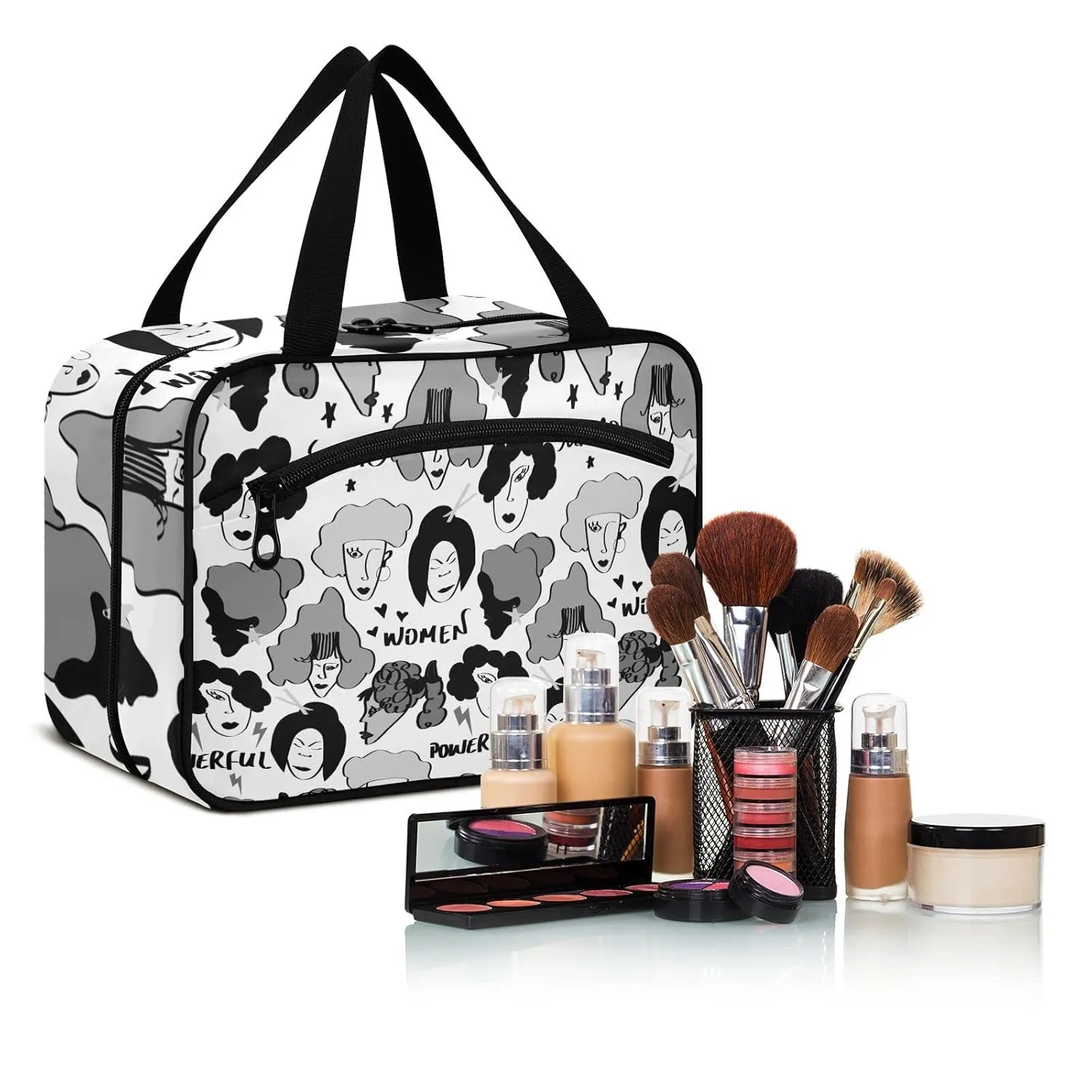 Black Grey Hand Drawn Mixed Nations Woman Faces Doodle Sketch 1 PC Hanging Travel Wash bag with Handles, Portable Makeup Organizer Brush Storage Case Portable Travel Cosmetic with Hook M
