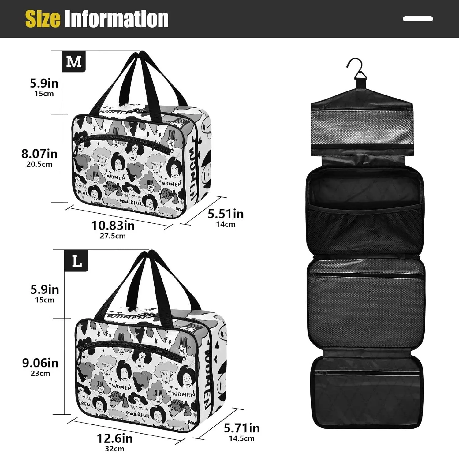 Black Grey Hand Drawn Mixed Nations Woman Faces Doodle Sketch 1 PC Hanging Travel Wash bag with Handles, Portable Makeup Organizer Brush Storage Case Portable Travel Cosmetic with Hook M