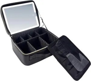 Black Portable & Multilayer Travel Makeup Train Case Bag Strap w/Large Lighted Mirror Cosmetic Artist Organizer - 10.6" x 9.5" x 4.7" (27cm x 24cm x 12cm)
