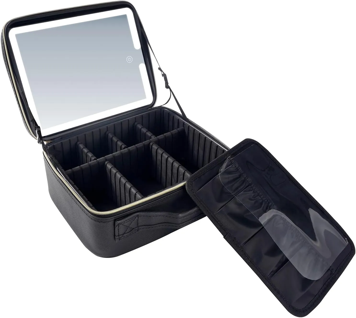 Black Portable & Multilayer Travel Makeup Train Case Bag Strap w/Large Lighted Mirror Cosmetic Artist Organizer - 10.6" x 9.5" x 4.7" (27cm x 24cm x 12cm)