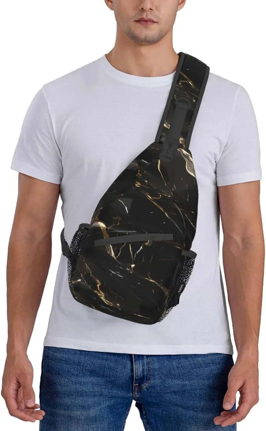 Black White Marble Texture Crossbody Bag Chest Shoulder Bag Small Casual Backpack Suitable For Women Men Hiking