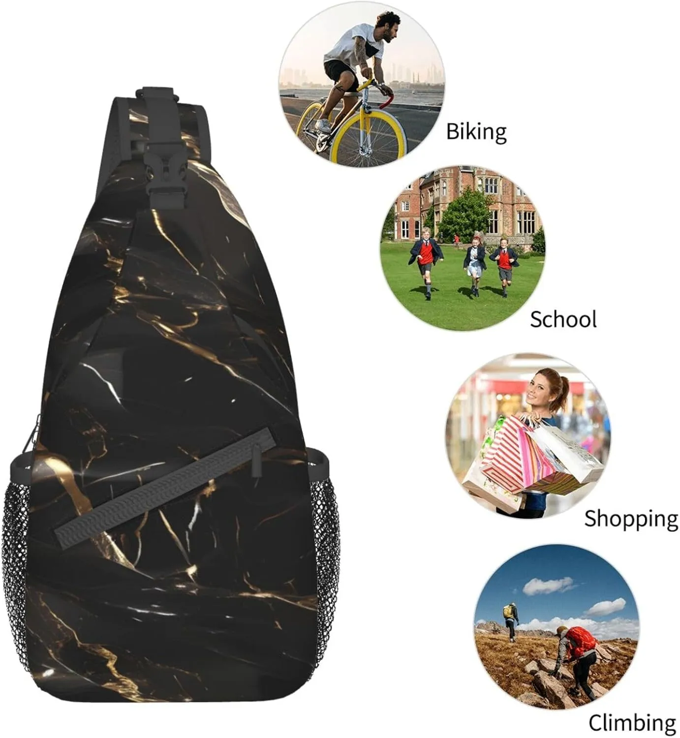 Black White Marble Texture Crossbody Bag Chest Shoulder Bag Small Casual Backpack Suitable For Women Men Hiking
