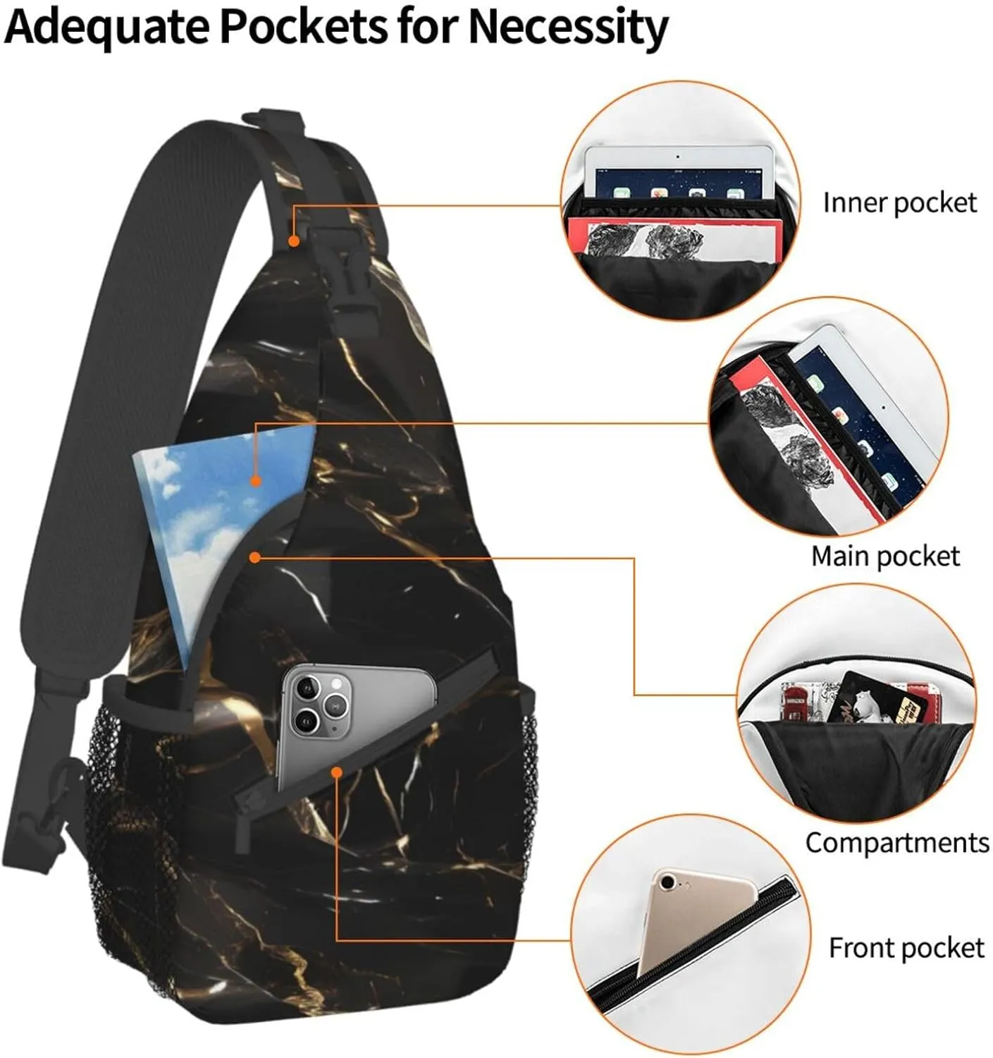 Black White Marble Texture Crossbody Bag Chest Shoulder Bag Small Casual Backpack Suitable For Women Men Hiking
