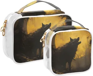 Black Wolf Roar Travel Toiletry Bag for Women 2 Pack Clear Makeup Bag with Handles Waterproof Cosmetic Bag