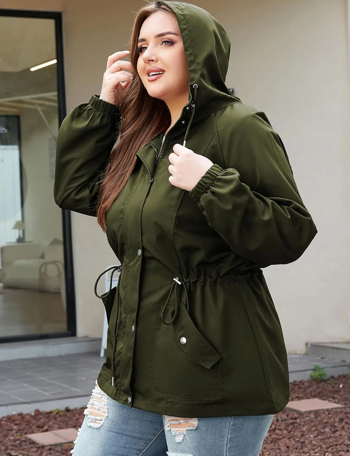 Bloggerlove Women's Rain Jacket Plus Size Lightweight Raincoat with Hood Waterproof Outdoor Windbreaker