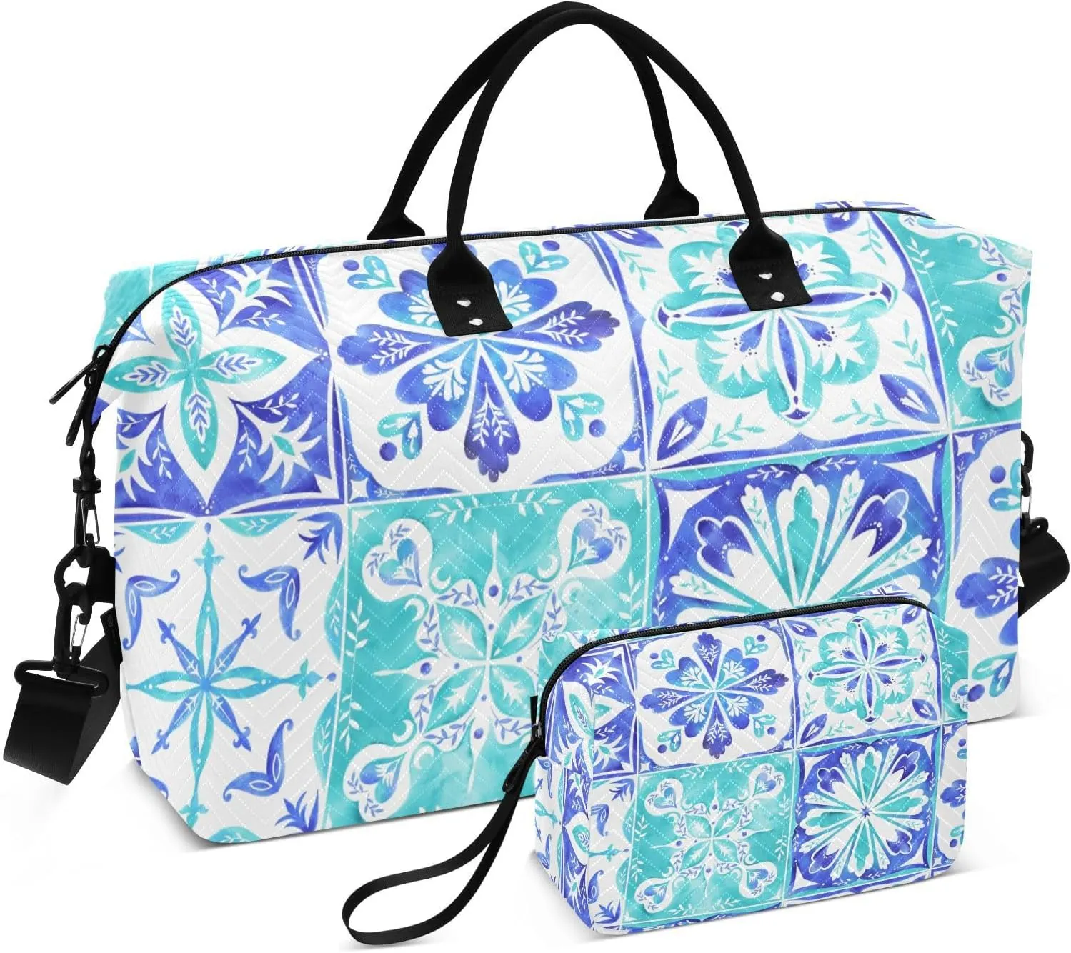 Blue and Teal Tiles Duffel Bag for Gym Yoga Weekender Overnight Quilting Travel Bag Set