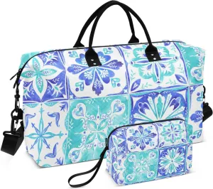 Blue and Teal Tiles Duffel Bag for Gym Yoga Weekender Overnight Quilting Travel Bag Set