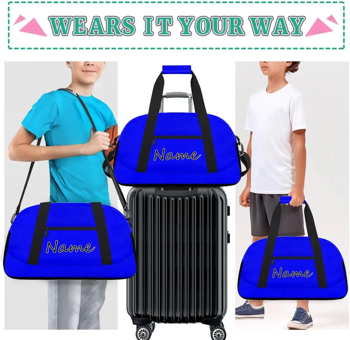Blue Custom Gym Bag for Women Men, Personalized Duffel Bag with Name, Small Sports Gym Bag Travel Duffle Bag Weekender Carry On Overnight Bags