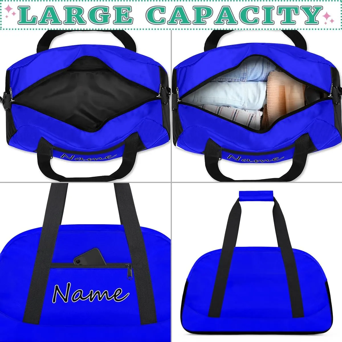 Blue Custom Gym Bag for Women Men, Personalized Duffel Bag with Name, Small Sports Gym Bag Travel Duffle Bag Weekender Carry On Overnight Bags