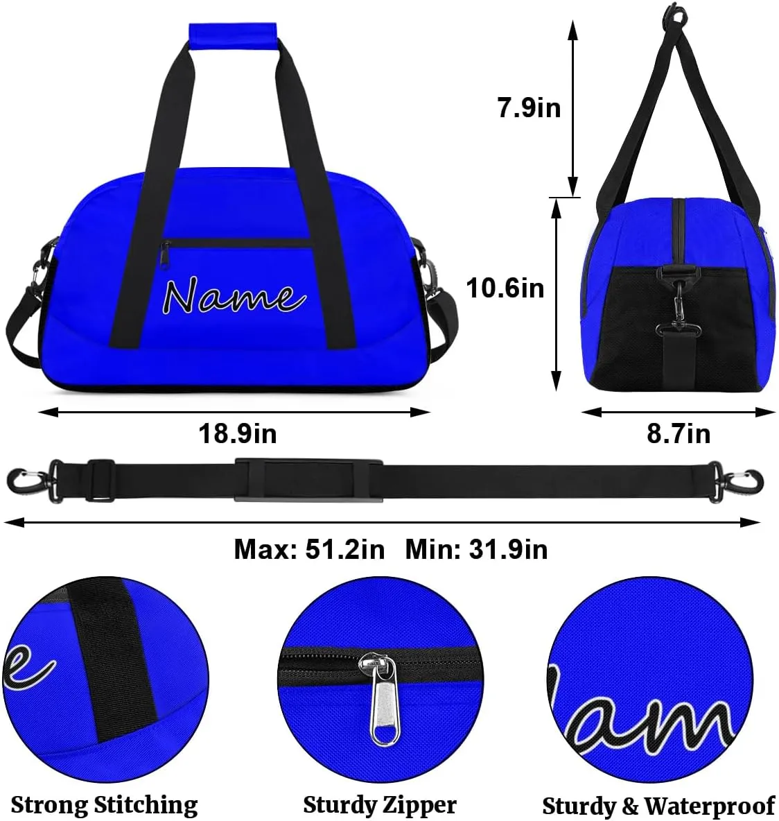 Blue Custom Gym Bag for Women Men, Personalized Duffel Bag with Name, Small Sports Gym Bag Travel Duffle Bag Weekender Carry On Overnight Bags