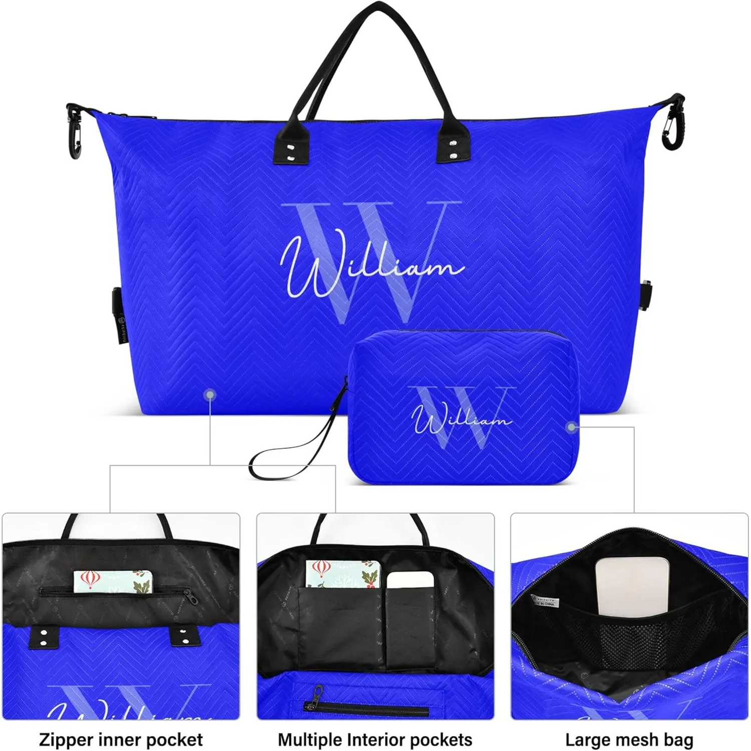 Blue Custom Travel Duffel Bag with Toiletry Bag Personalized Weekender Bag for Trips Sports Business Large Overnight Bag Gym Duffel Bag for Women & Men
