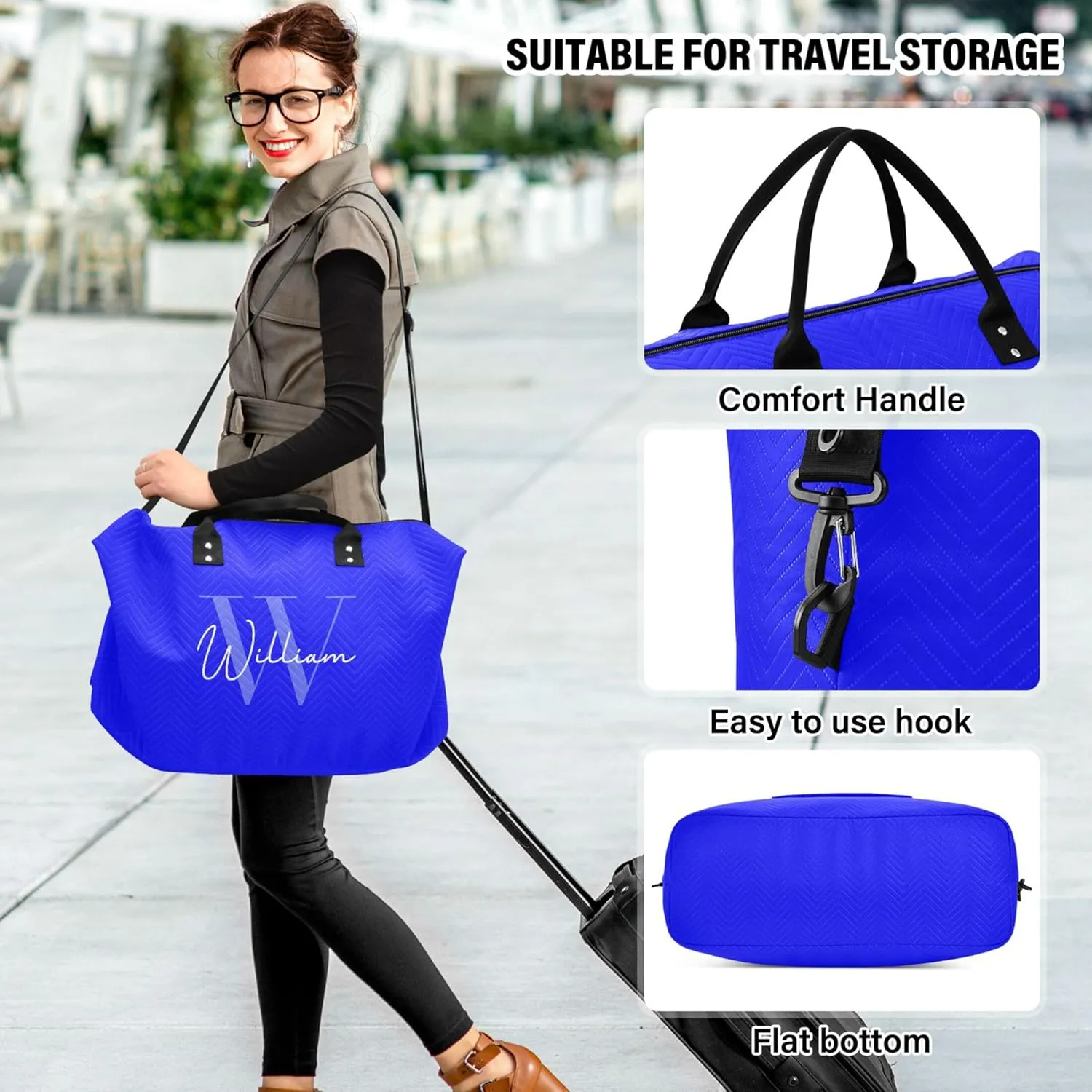 Blue Custom Travel Duffel Bag with Toiletry Bag Personalized Weekender Bag for Trips Sports Business Large Overnight Bag Gym Duffel Bag for Women & Men