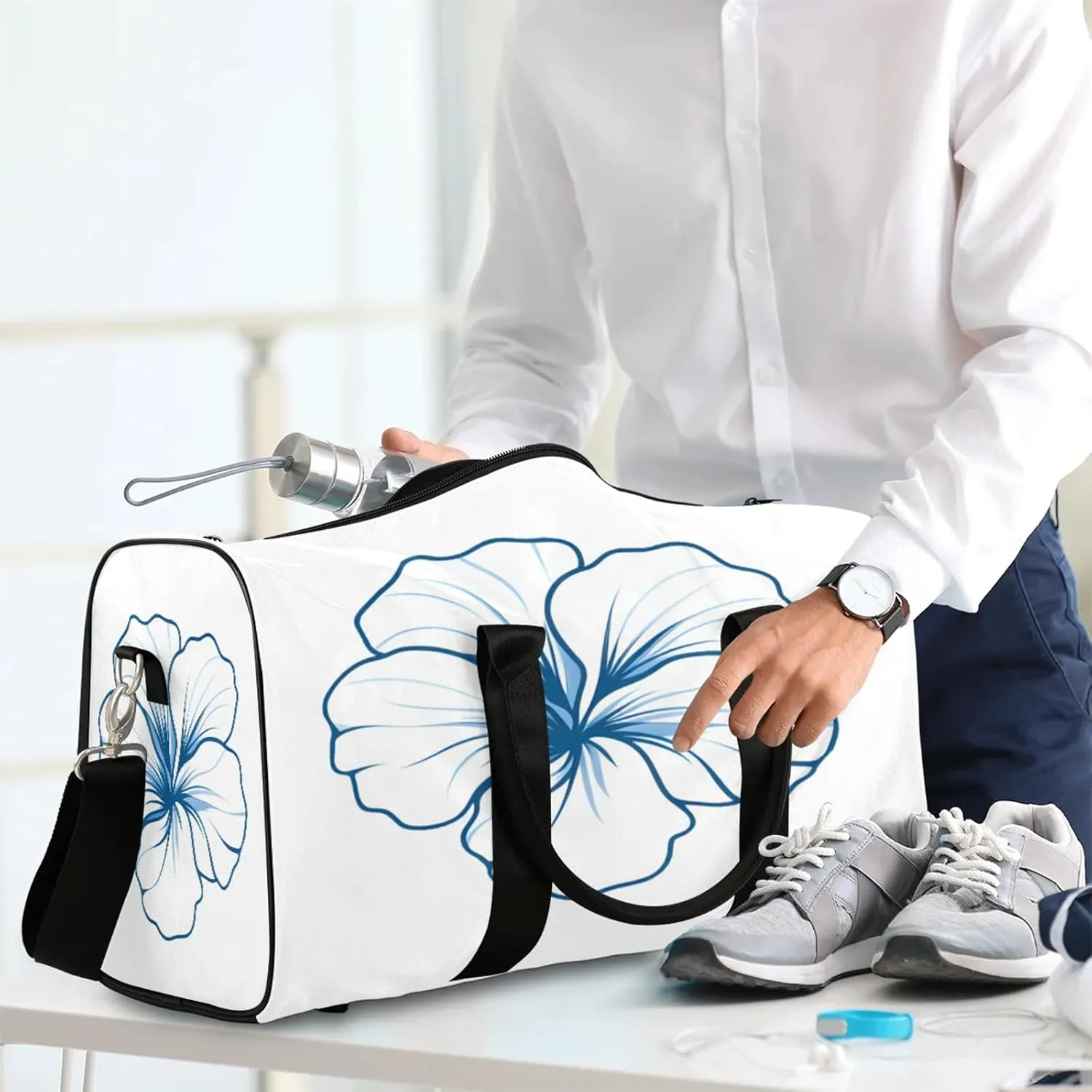 Blue Duffle Bag for Travel, Overnight Weekend Gym Carry On Luggage Bag, Floral Travel Duffel Bag for Men Women