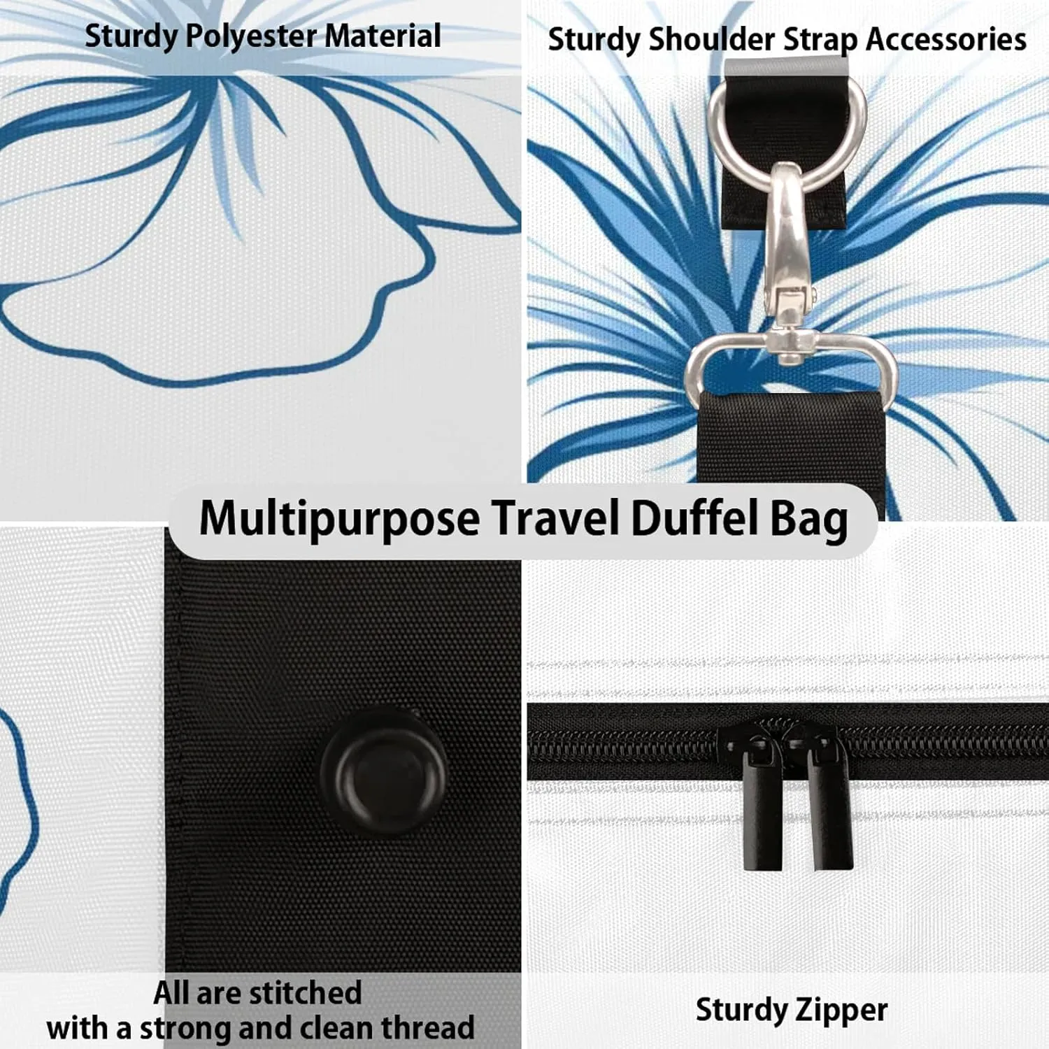 Blue Duffle Bag for Travel, Overnight Weekend Gym Carry On Luggage Bag, Floral Travel Duffel Bag for Men Women