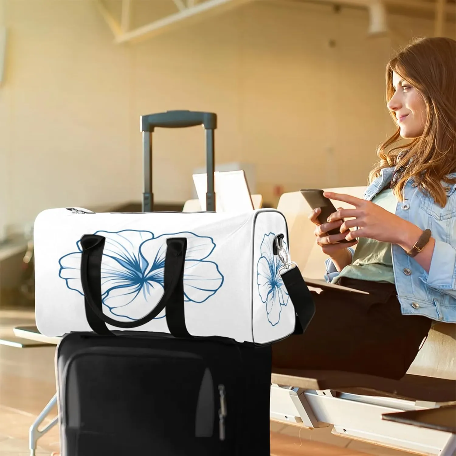 Blue Duffle Bag for Travel, Overnight Weekend Gym Carry On Luggage Bag, Floral Travel Duffel Bag for Men Women