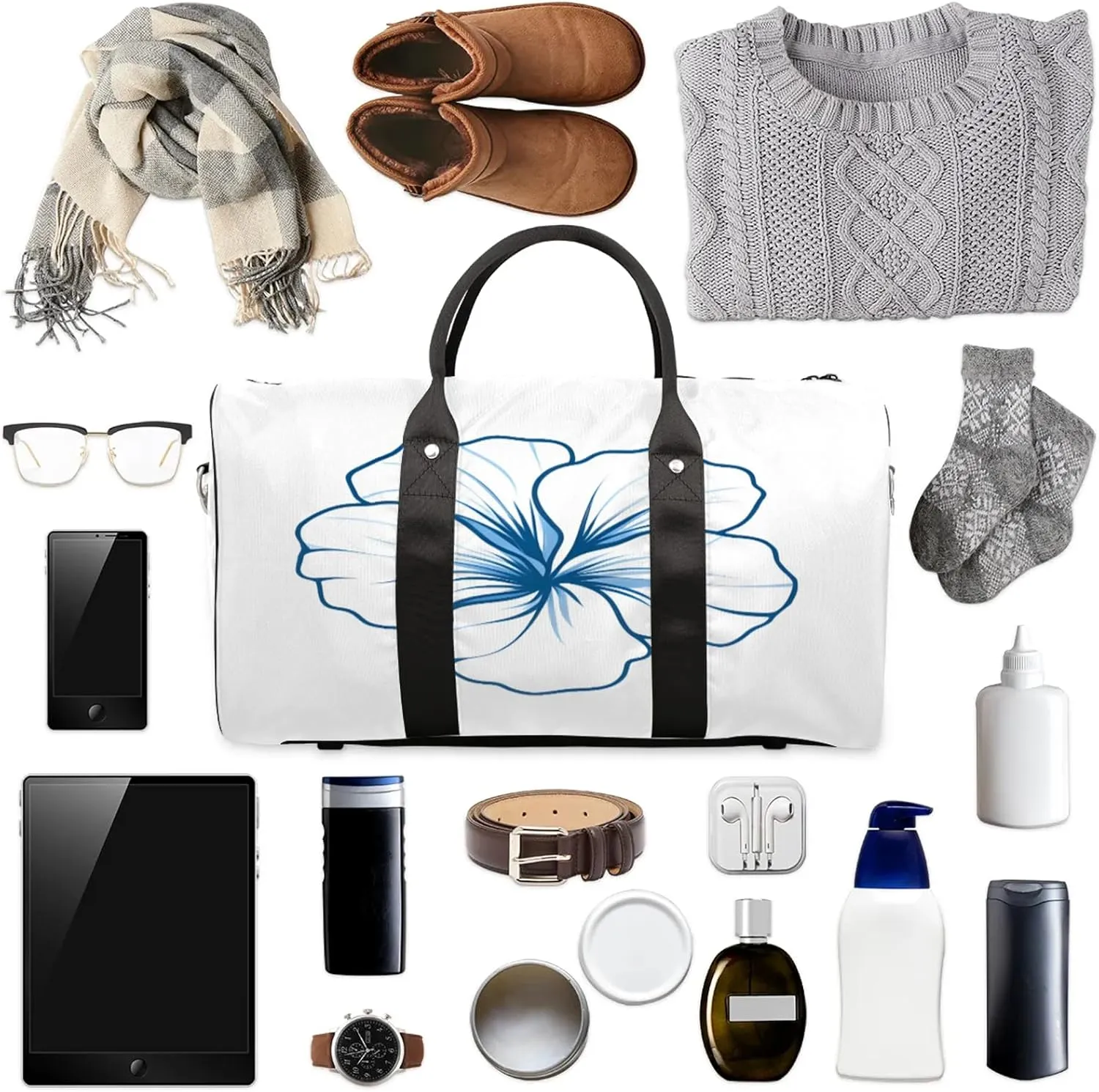 Blue Duffle Bag for Travel, Overnight Weekend Gym Carry On Luggage Bag, Floral Travel Duffel Bag for Men Women